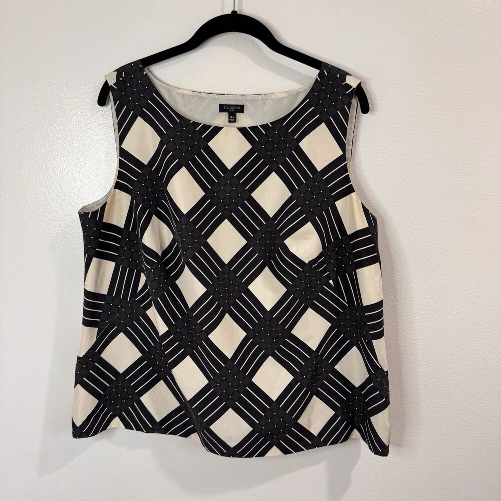 Talbots Tank Top Shirt Blouse 14W 100% Silk Satin Black White Check Plaid Chic